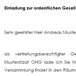 Die Vorlage beinhaltet ein Muster Einladungsschreiben an die Gesellschafter der OHG zu einer ordentlichen Gesellschafterversammlung. 