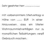 Mit diesem Musterschreiben macht ein Mieter seinen Vermieter darauf aufmerksam, dass es möglich ist, die vereinbarte Kaution in drei Raten zu zahlen (gemäß § 551 Abs. 2 BGB).