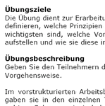 Die Teilnehmer definieren, welche Prinzipien für ihr Unternehmen und ihr Arbeitsumfeld am wichtigsten sind, welche Vorgaben sie in den einzelnen Themenbereichen aufstellen und wie sie diese im Unternehmen umsetzen.