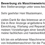 Sofort einsetzbare Bewerbungsvorlagen für Ihre Bewerbung als Maschineneinrichter/in mit Berufserfahrung (ungekündigt) zum Download.