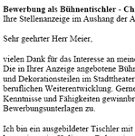 Sofort einsetzbare Bewerbungsvorlagen für Ihre Bewerbung als Bühnentischler/in oder Bühnenhandwerker/in mit Berufserfahrung (ungekündigt) zum Download.