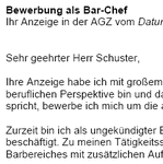 Für Ihre Bewerbung als Bar-Chef/in mit Berufserfahrung (ungekündigt) erhalten Sie professionelle und sofort einsetzbare Vorlagen zum Download.