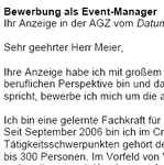 Für Ihre Bewerbung als Event-Manager/in mit Berufserfahrung (ungekündigt) erhalten Sie professionelle und sofort einsetzbare Vorlagen zum Download.