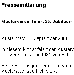 Pressemitteilung - Jubiläum (Sportverein)