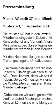 Pressemitteilung - Mitteilung über Einstellung neuer Mitarbeiter (Einzelhandel)