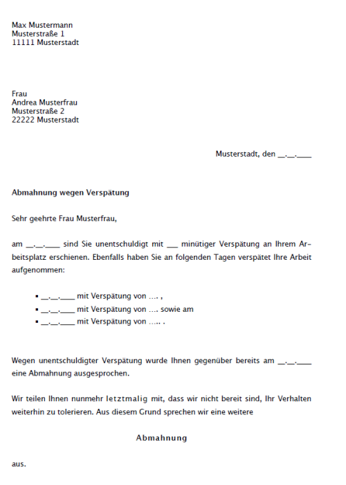 Abmahnung wegen Verspätung - Muster zum Download