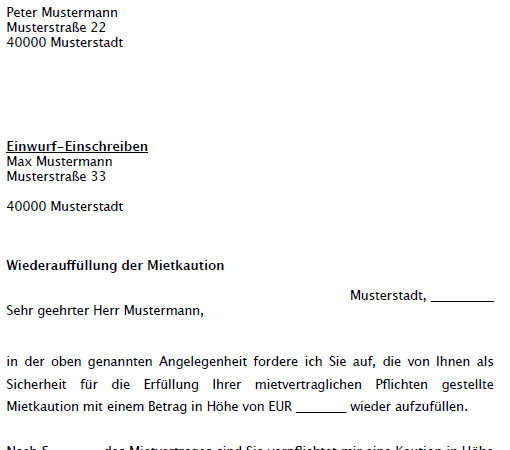 Aufforderung Zur Kautionsauffullung Mietkaution Vorlage Zum Sofortdownload