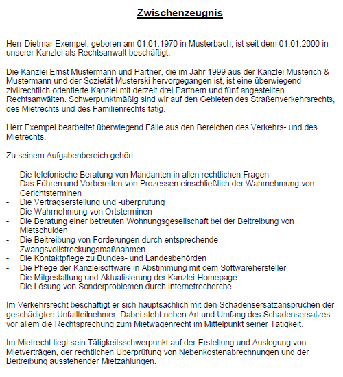 Zwischenzeugnis (befriedigend) - Rechtsanwalt 