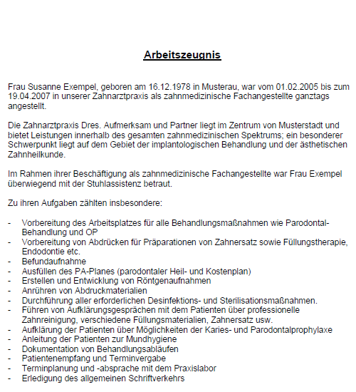Arbeitszeugnis (ausreichend) - Zahnmedizinische Fachangestellte 