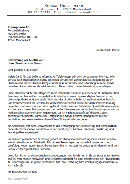 Bewerbung - Apotheker - ungekündigt (Berufserfahrung)