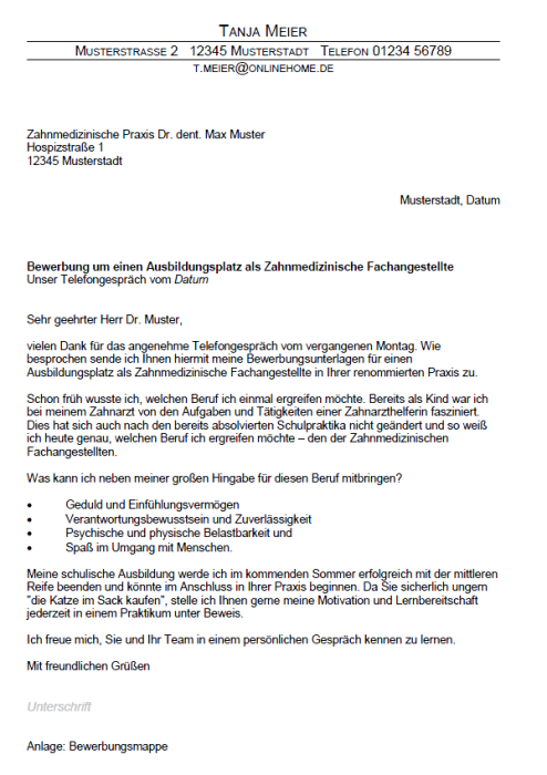 Bewerbung - Zahnmedizinische Fachangestellte (Ausbildung)