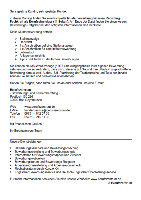 Bewerbung Recycling Fachkraft Berufseinsteiger Vorlagen De