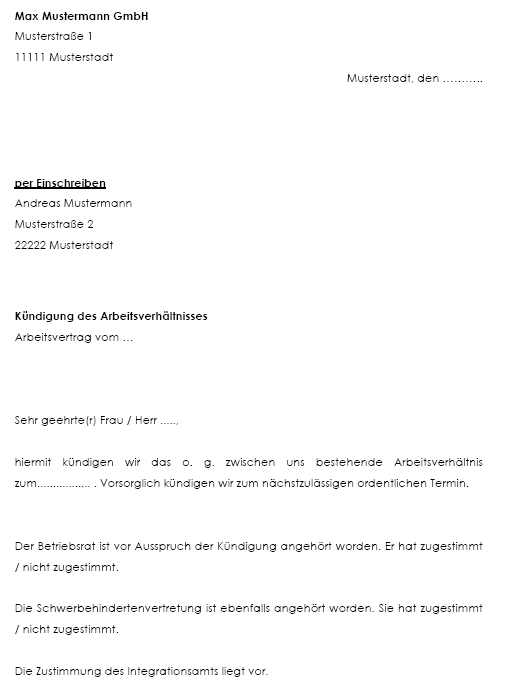 Kundigung Schwerbehinderter Beschaftigter Arbeitnehmer Musterschreiben Nur 3 90 Zum Download