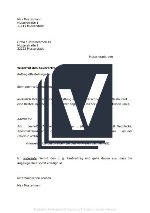 Widerruf Kaufvertrag Muster-Vorlage 