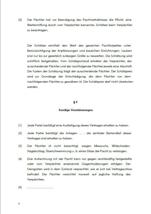 Beendigung des Pachtverhältnisses und sonstige Vereinbarungen im Kleingartenpachtvertrag.