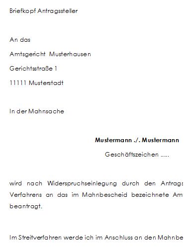 Mahnbescheid und Abgabeantrag nach Widerspruch des Antragsgegners