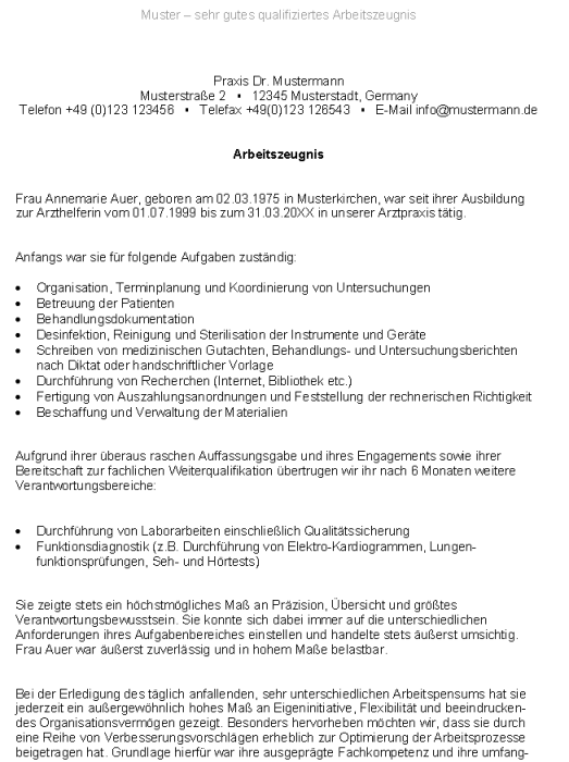 Musterarbeitszeugnis Reinigungskraft Note 1 ...