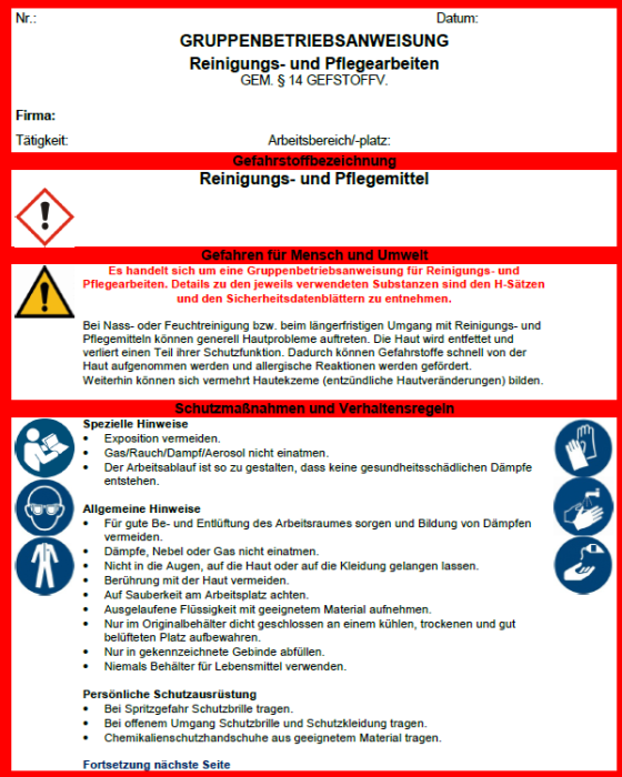 Betriebsanweisung - Reinigungsarbeiten - Pflegearbeiten