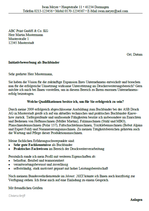 Bewerbung - Buchbinder (Berufseinsteiger)