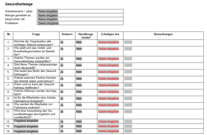 Checkliste - Gesundheitstage