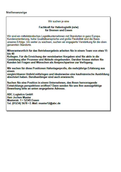 Bewerbung - Fachkraft für Hafenlogistik (Berufseinsteiger)