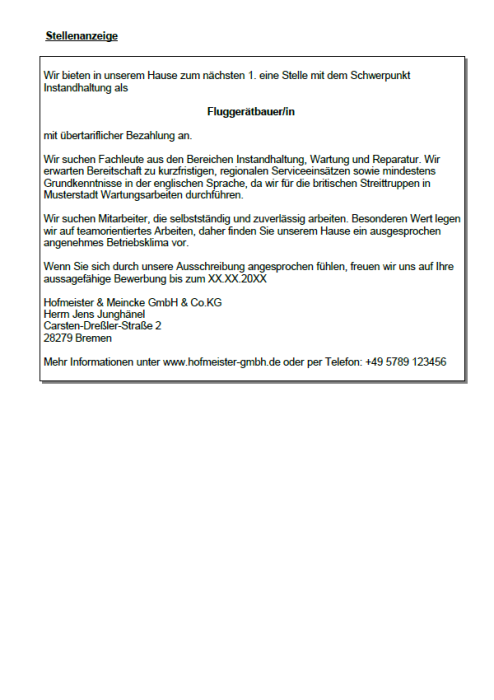 Bewerbung - Fluggerätbauer (Berufseinsteiger)