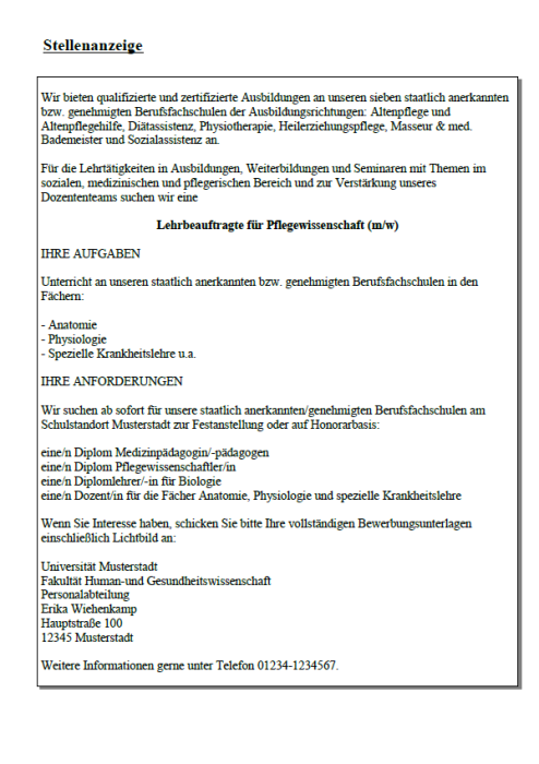 Bewerbung - Hochschuldozent in der Pflegewissenschaft (Berufseinsteiger)