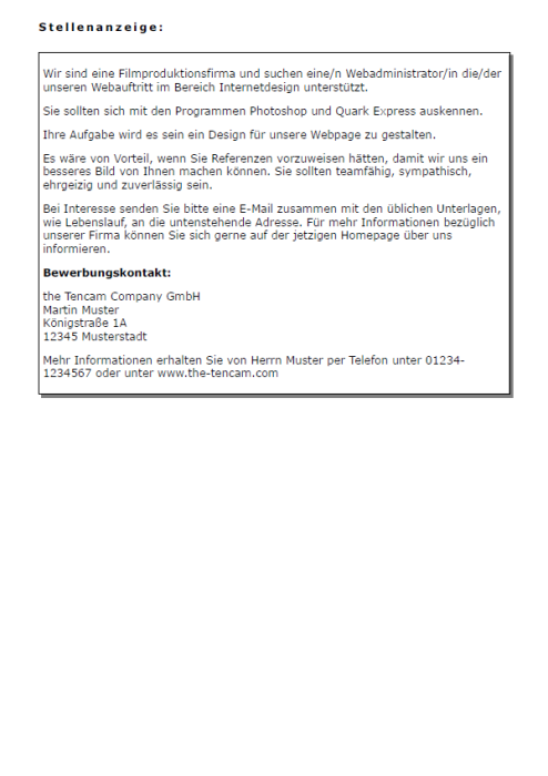 Bewerbung - Webadministrator (Berufseinsteiger)