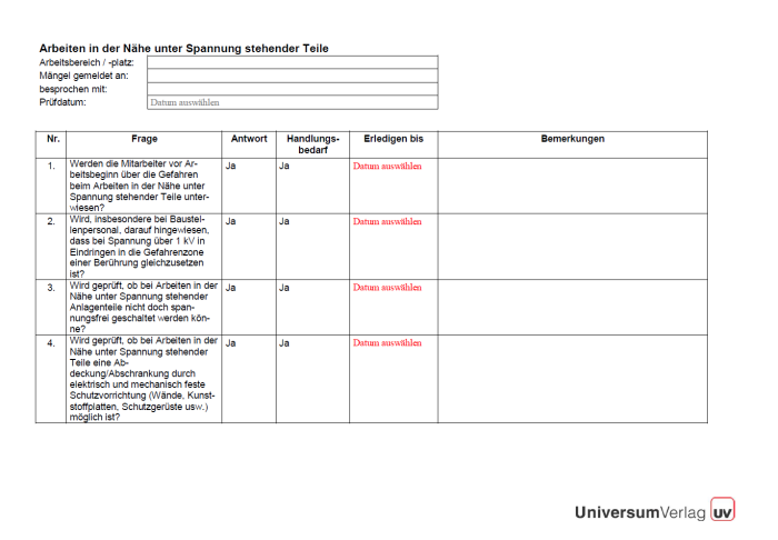 Checkliste - Arbeiten in der Nähe unter Spannung stehender Teile 