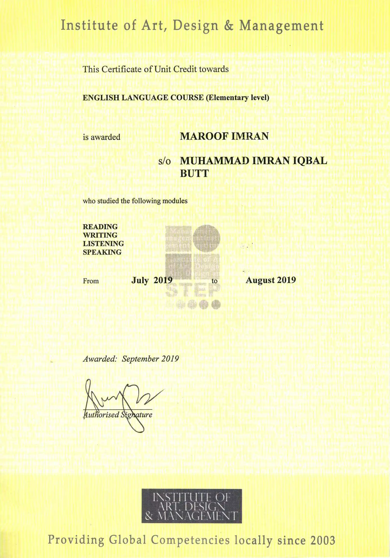 English Language Course Elementary Level IADM