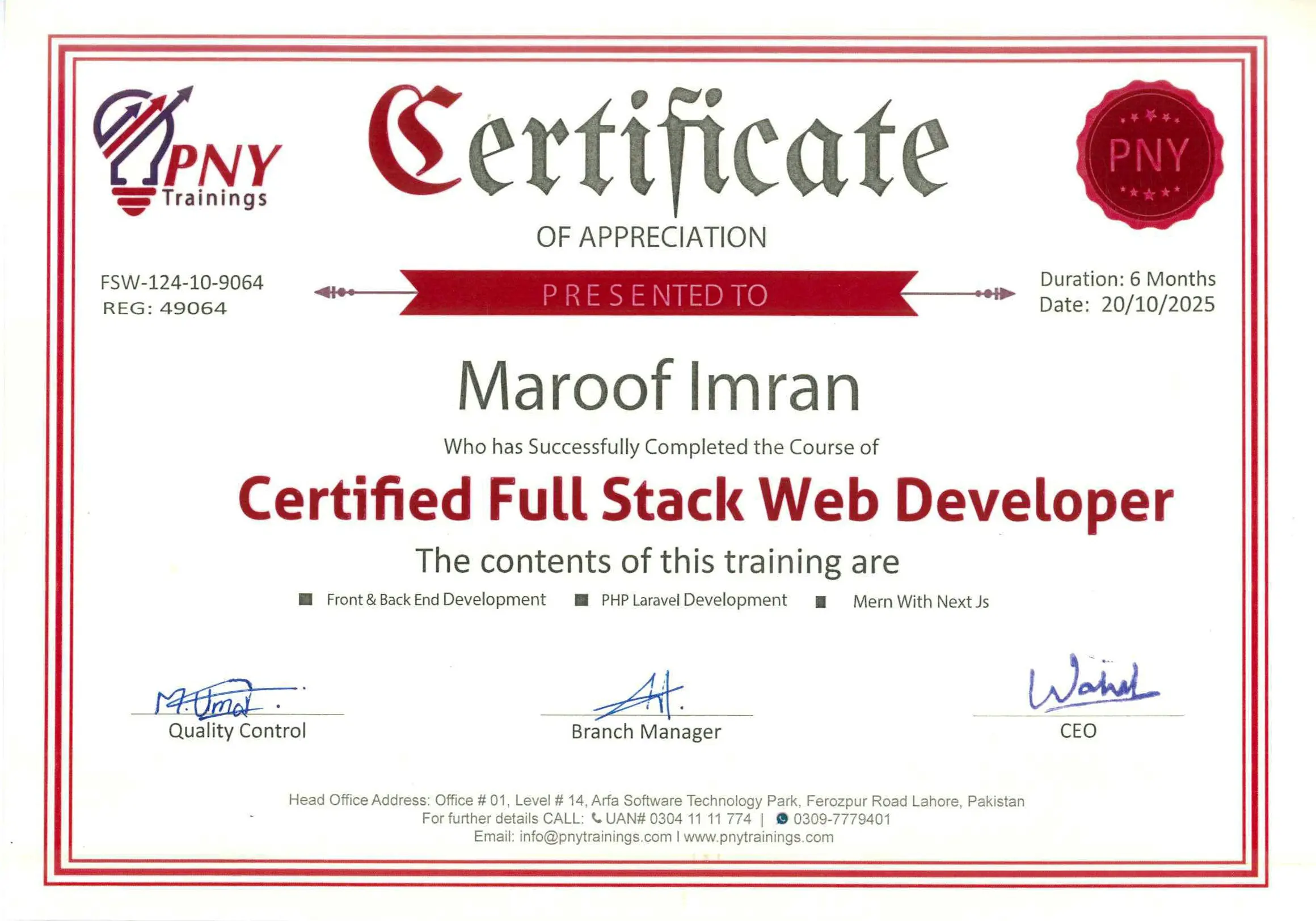 PNY Certified Full Stack Web Developer Certificate
