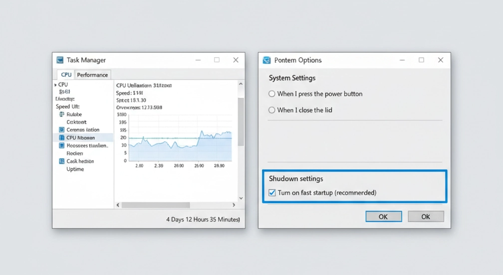 windows task manager cpu uptime and fast startup settings control panel