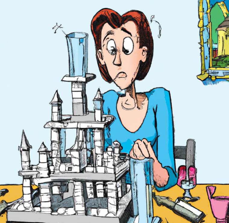person building a complex towering glass model of castle, carefully balancing the next piece, looking anxious due to interruptions