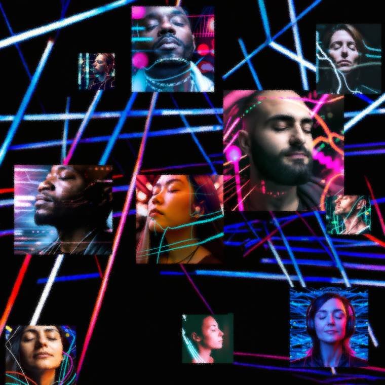 collection of screens, each displaying deep thinkers in a zen state, connected by futuristic technology