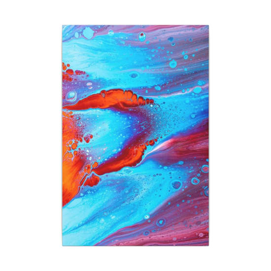 Vibrant abstract fluid painting in blue and red hues, showcasing dynamic motion and texture.