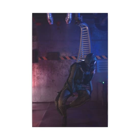 A female astronaut in a high-tech space station environment.