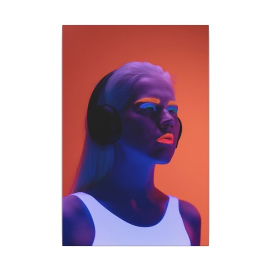 Colorful neon portrait of a woman with fluorescent makeup and headphones under vibrant lighting.