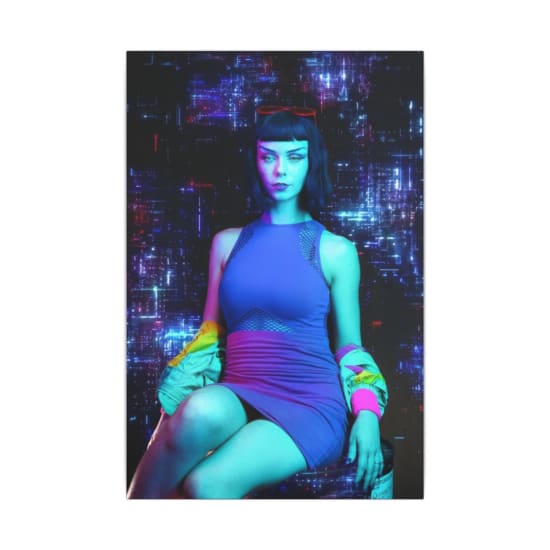 Stylish woman in vibrant purple dress with neon lights embracing retro-futuristic vibes.