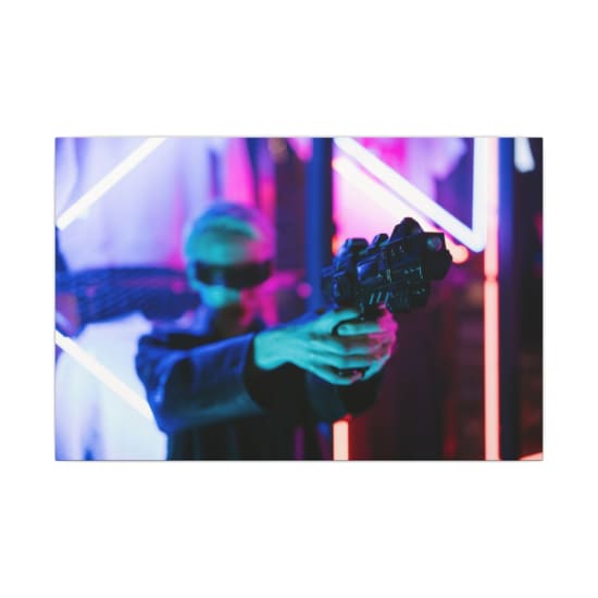 A woman in cyberpunk fashion holding a futuristic weapon against a neon backdrop.