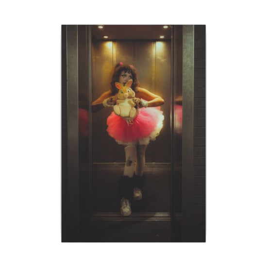 A person in a clown costume with a tutu in a dimly lit elevator, exuding a mysterious and haunted vibe.