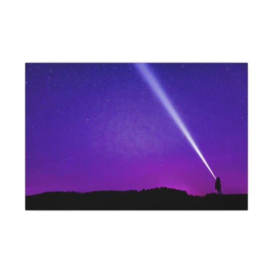 Silhouette of a person shining a flashlight under a starry violet night sky, creating a dramatic scene.