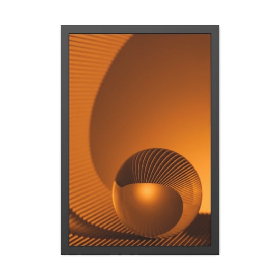 An abstract art piece featuring an orange sphere with intricate textures and patterns.