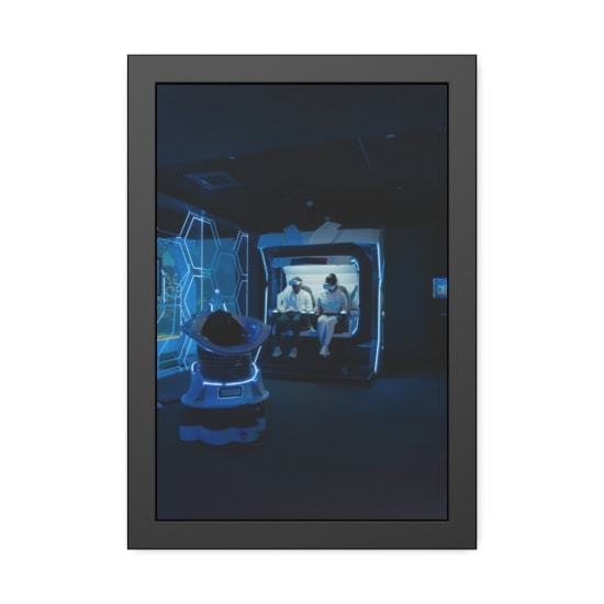 Two people enjoying a virtual reality gaming session in a futuristic arcade setting with neon lights.