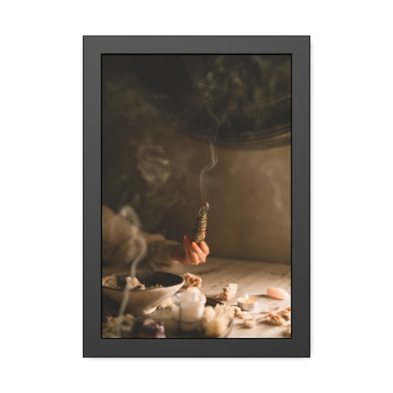 A serene ritual scene showcasing burning incense and candles, creating a mysterious and mystical atmosphere.