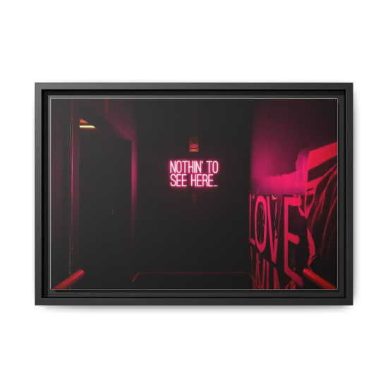 Neon sign reading 'Nothin' to see here...' in an artistic dark room.