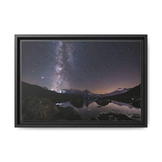 A breathtaking view of the Milky Way over Stellisee Lake, Zermatt, reflecting the night sky and mountains.