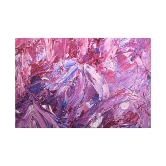 Dynamic abstract painting with vivid pink and purple hues, showcasing textured brush strokes.