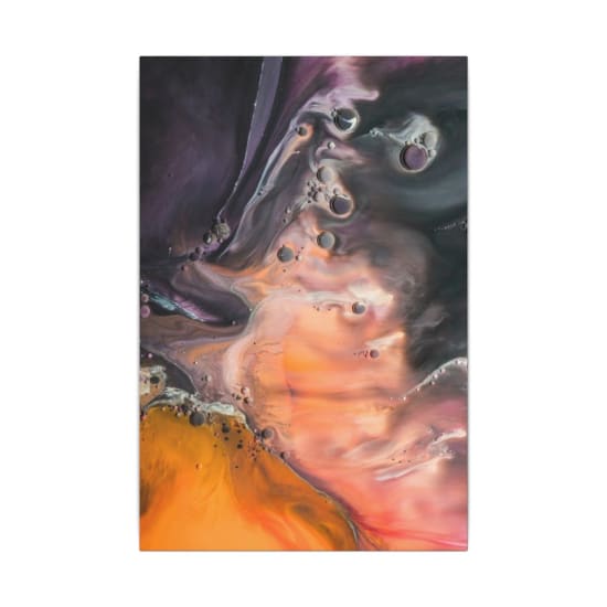 Abstract background of painting with pink and orange fluid acrylic paints creating stains on colorful artwork with dark purple patterns and bubbles