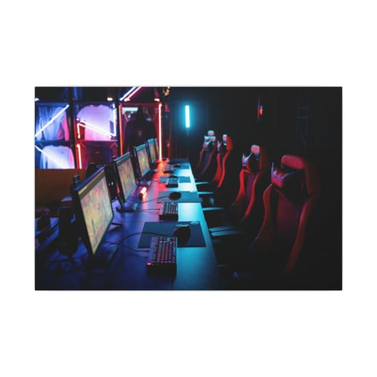 High-tech gaming setup with PCs, RGB lighting, and gaming chairs in a gaming house.