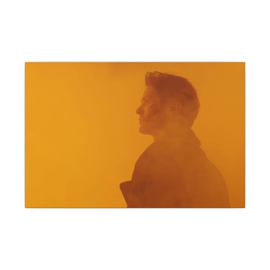 A conceptual close-up portrait of a man in a dystopian, orange-hued setting.